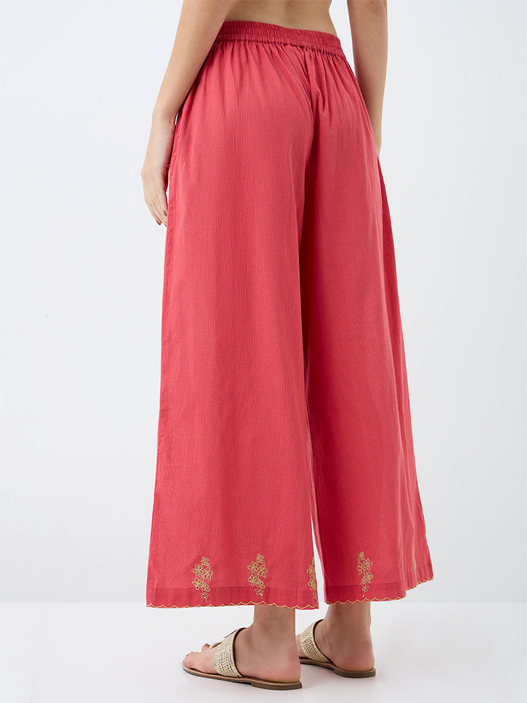 Utsa Coral Floral Embroidered Cotton Pants
