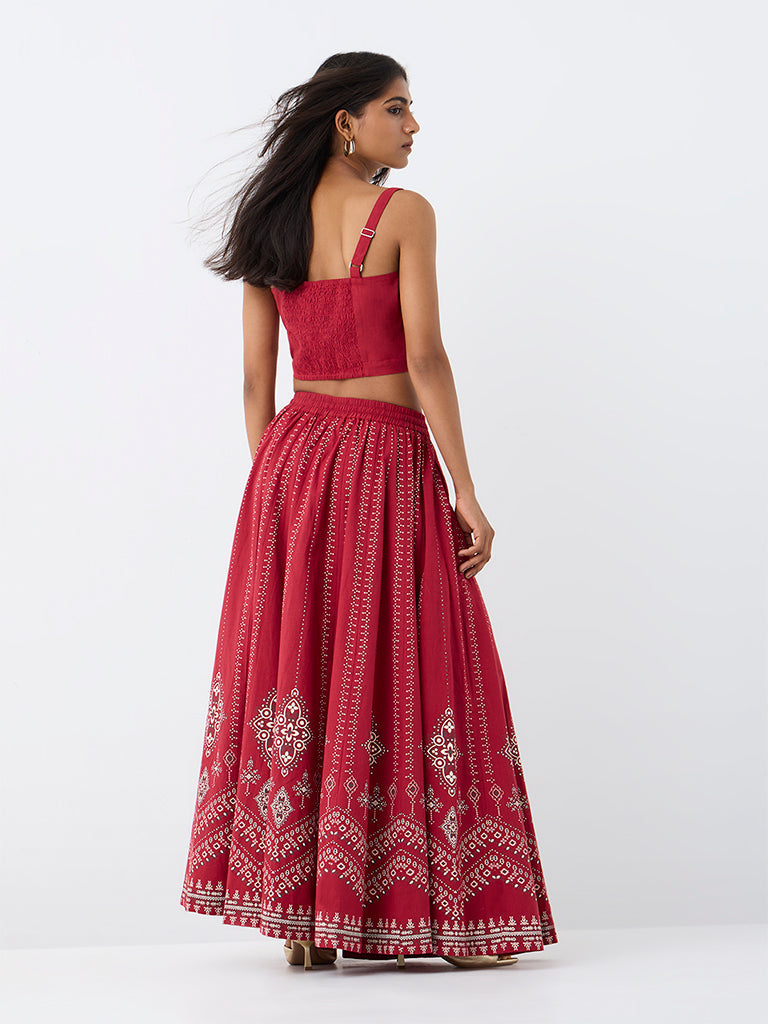 Utsa Red Printed Cotton Skirt