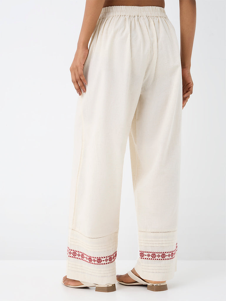 Utsa Off-White Pintuck-Detail Cotton-Blend Pants