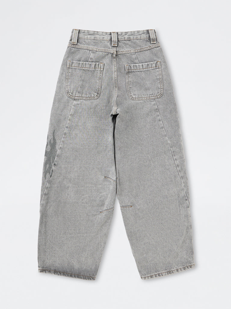 Boys Grey Washed Barrel-Fit Mid-Rise Relaxed Fit Jeans