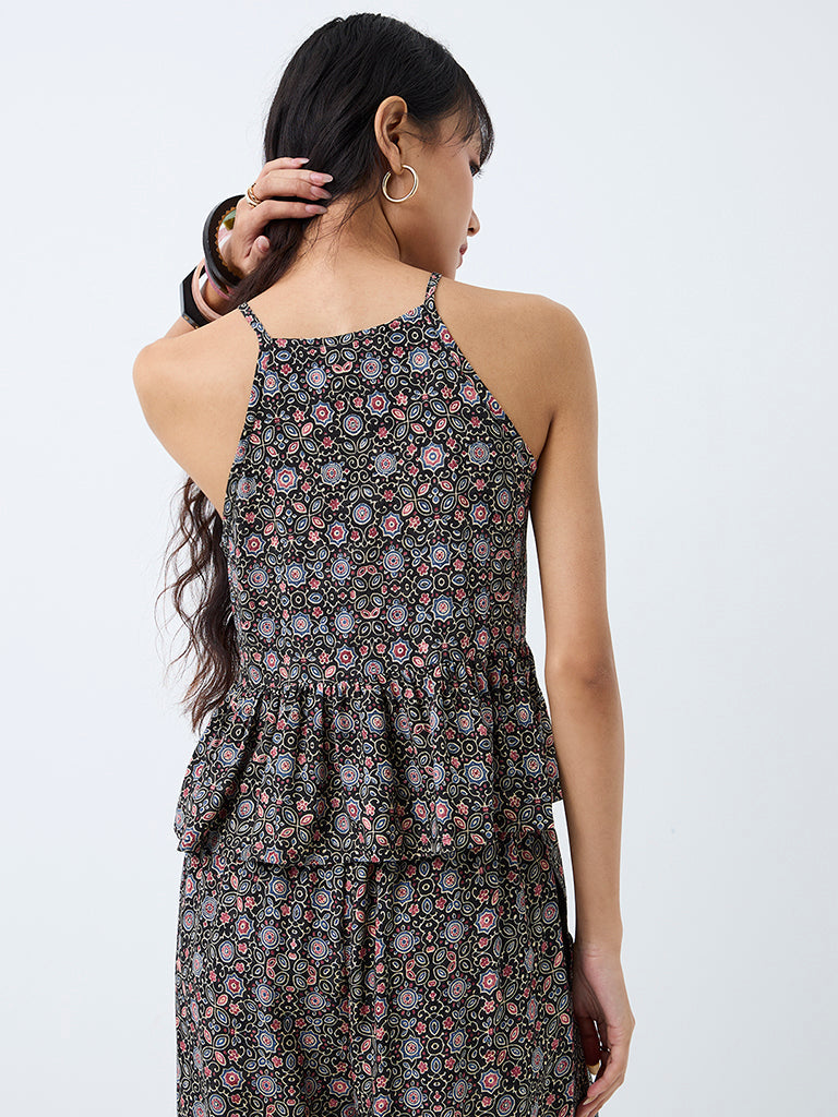 Bombay Paisley Black Floral Printed Peplum Cotton Top