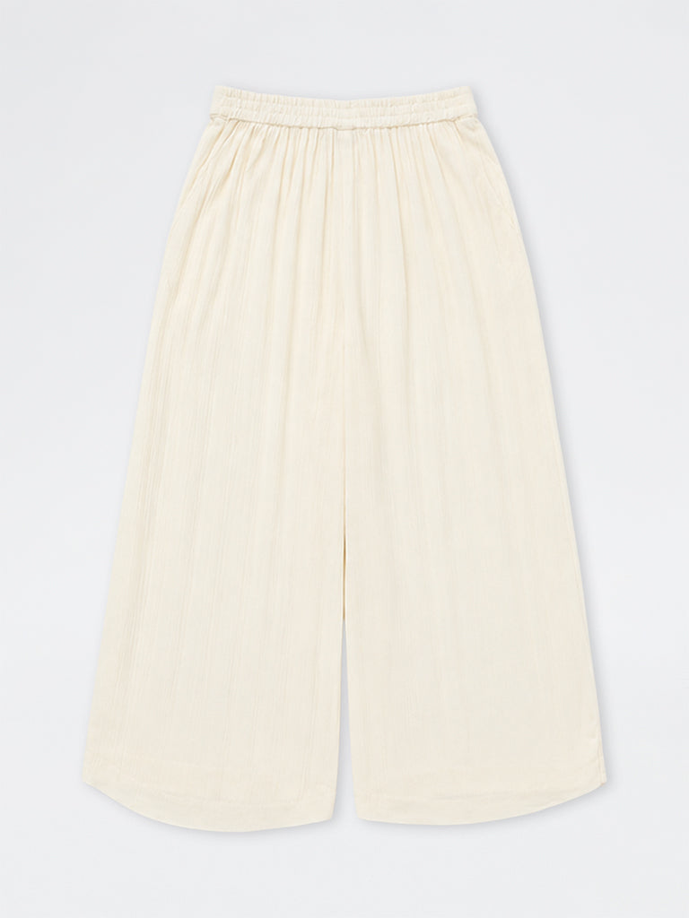 Utsa Kids Girls Off-White Crinkle-Textured Palazzos - (8-14 yrs)