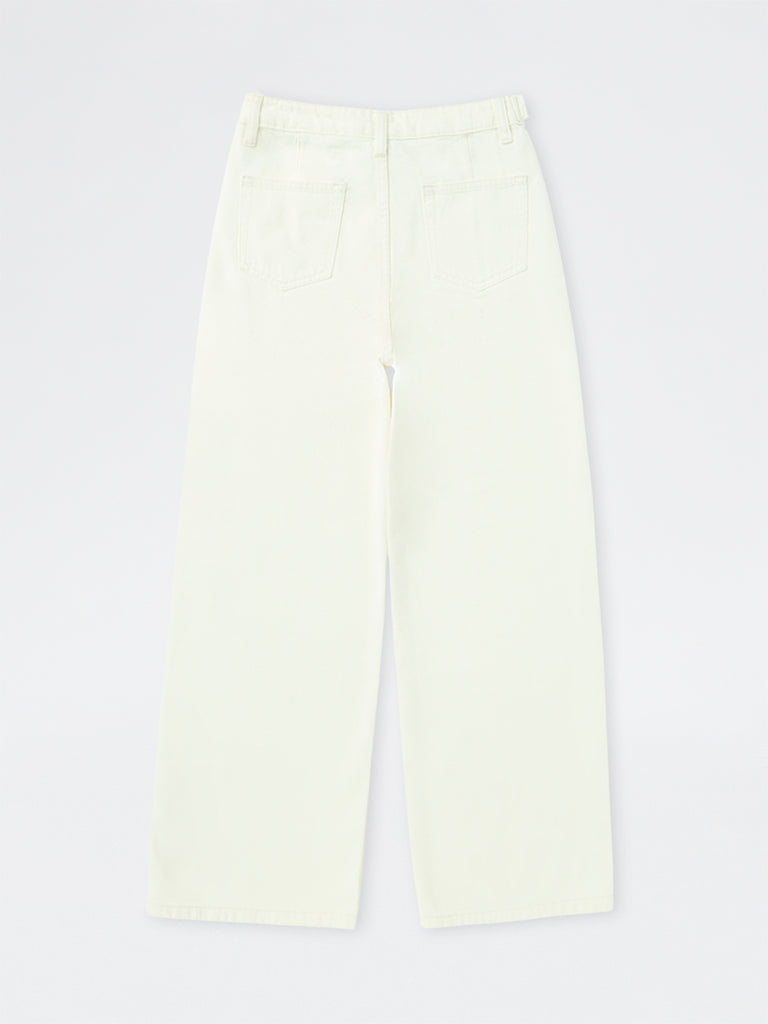 Girls Off-White Solid Mid-Rise Relaxed Fit Jeans
