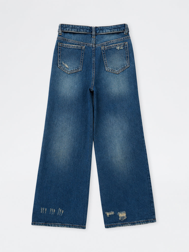 Girls Dark Blue High-Rise Ripped Jeans