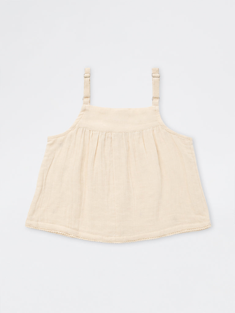 Utsa Kids Girls Off-White Floral Embroidered Cotton Top - (2-8 yrs)