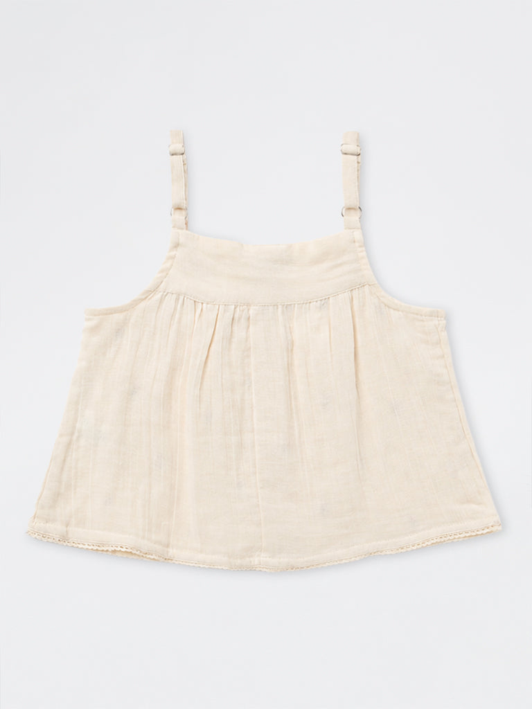 Utsa Kids Girls Off-White Floral Embroidered Cotton Top - (8-14 yrs)