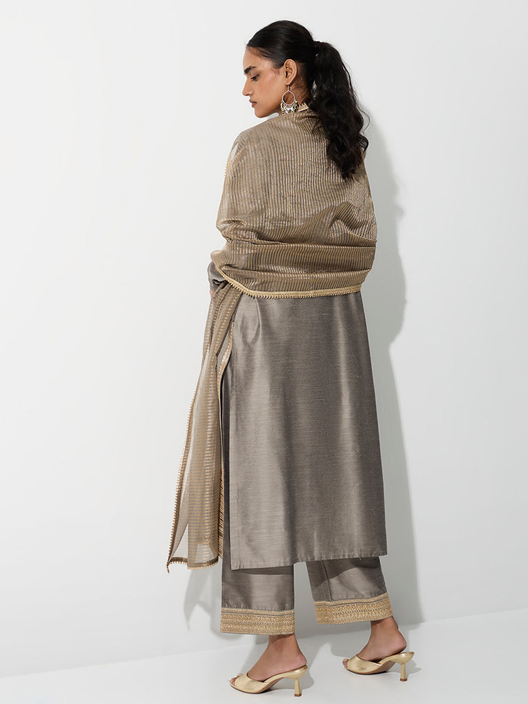 Vark Grey Embroidered Straight Ethnic Set