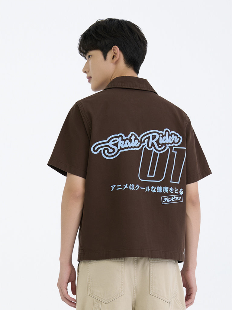 Boys Dark Brown Text Design Cotton Shirt
