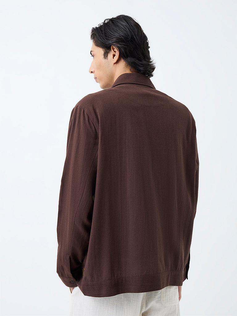 ETA Dark Brown Floral Embroidered Relaxed-Fit Cotton Shirt