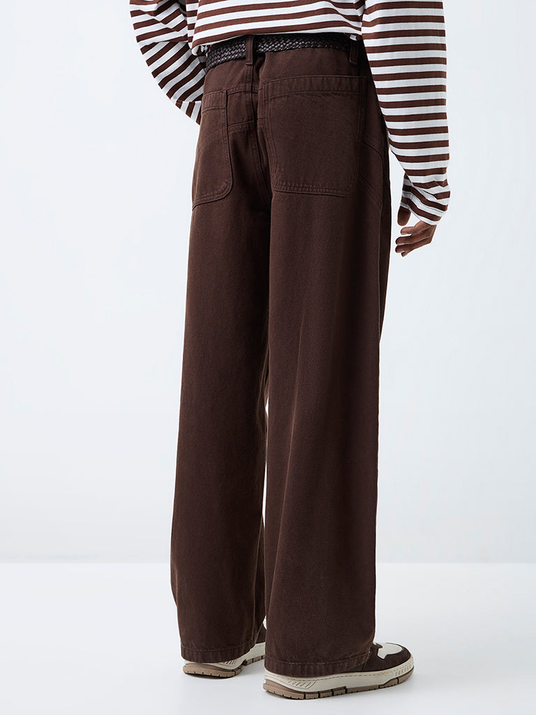 Nuon Dark Brown Solid Barrel-Fit Mid-Rise Jeans
