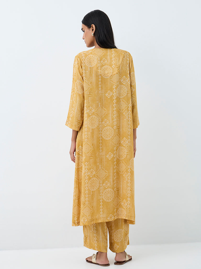 Zuba Yellow Printed A-Line Kurta