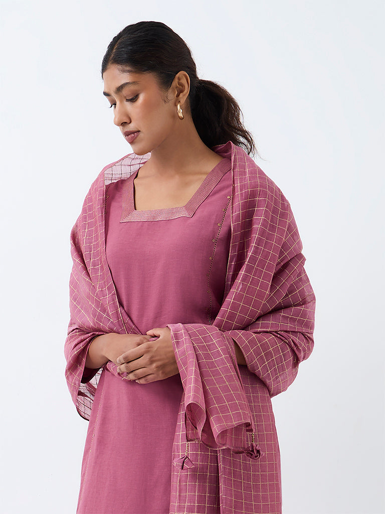 Zuba Mauve Checkered Cotton-Blend Dupatta