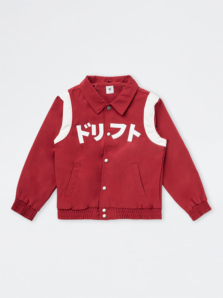 Boys Red Japanese Text Printed Jacket