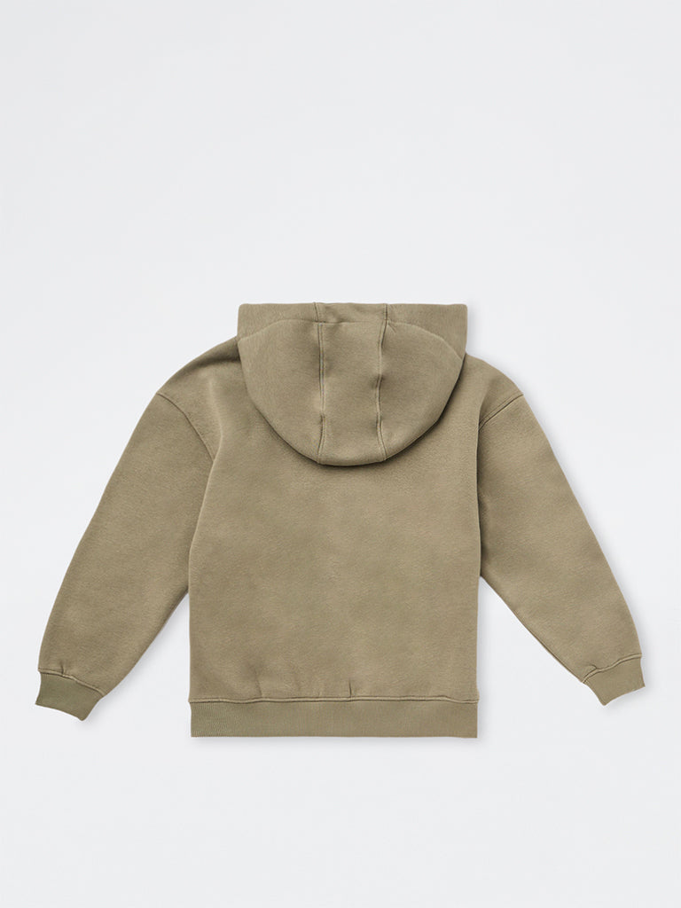 Boys Khaki Text Printed Cotton-Blend Hooded Jacket