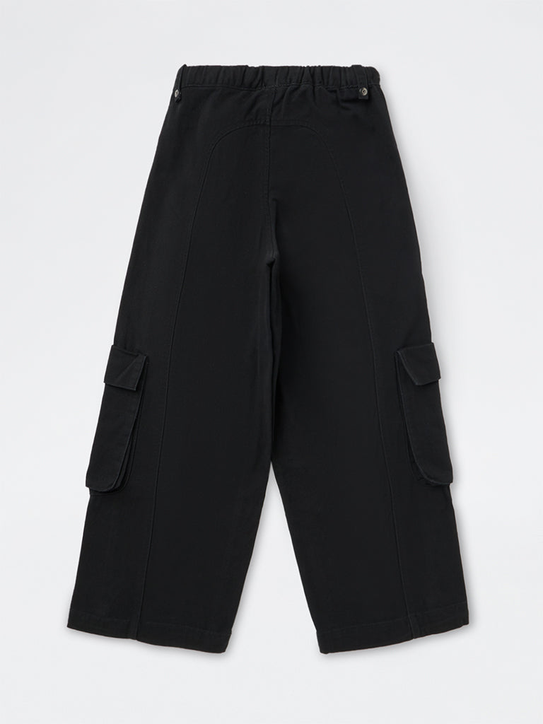 Girls Black Cargo-Style High-Rise Cotton Pants