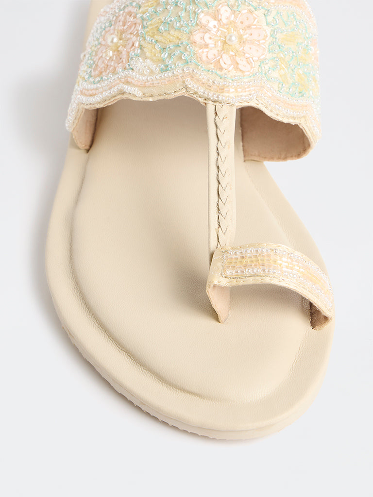 LUNA BLU Multicolour Floral Embellished Kolhapuri Sandals