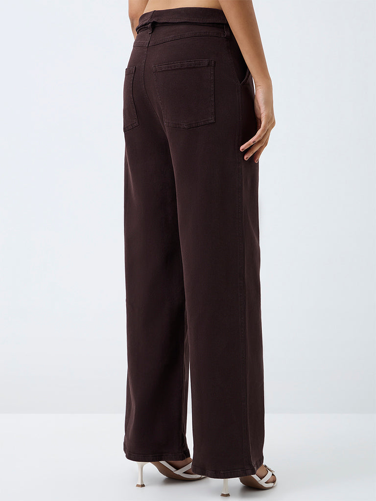 LOV Dark-Brown-Wash Mid-Waist Straight Fit Jeans with Belt