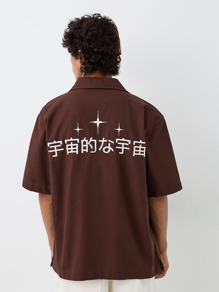 Nuon Dark Brown Japanese-Embroidered Relaxed-Fit Denim Shirt