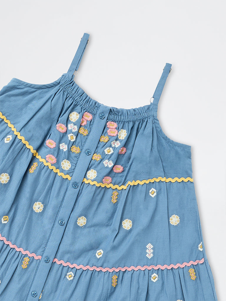 Utsa Kids Girls Blue Floral Embroidered Cotton Tiered Dress (8-14 yrs)