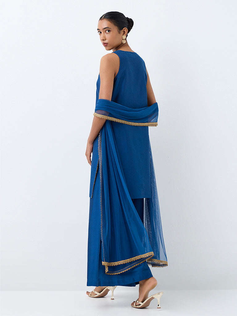 Vark Dark Blue Zari Embroidered A-Line Ethnic Set