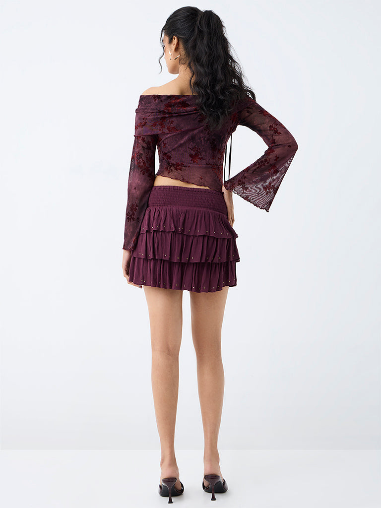 Nuon Dark Plum Stud-Detail High-Rise Tiered Skirt