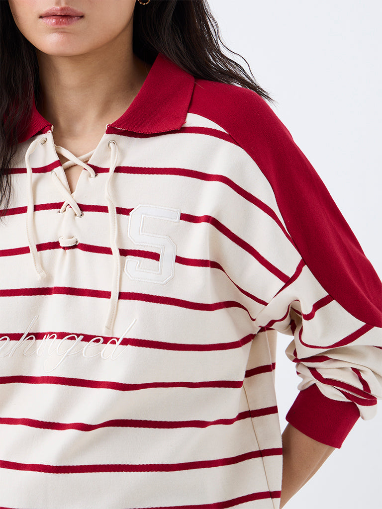 Nuon Cream Striped Criss-Cross Tie-Up Cotton T-Shirt