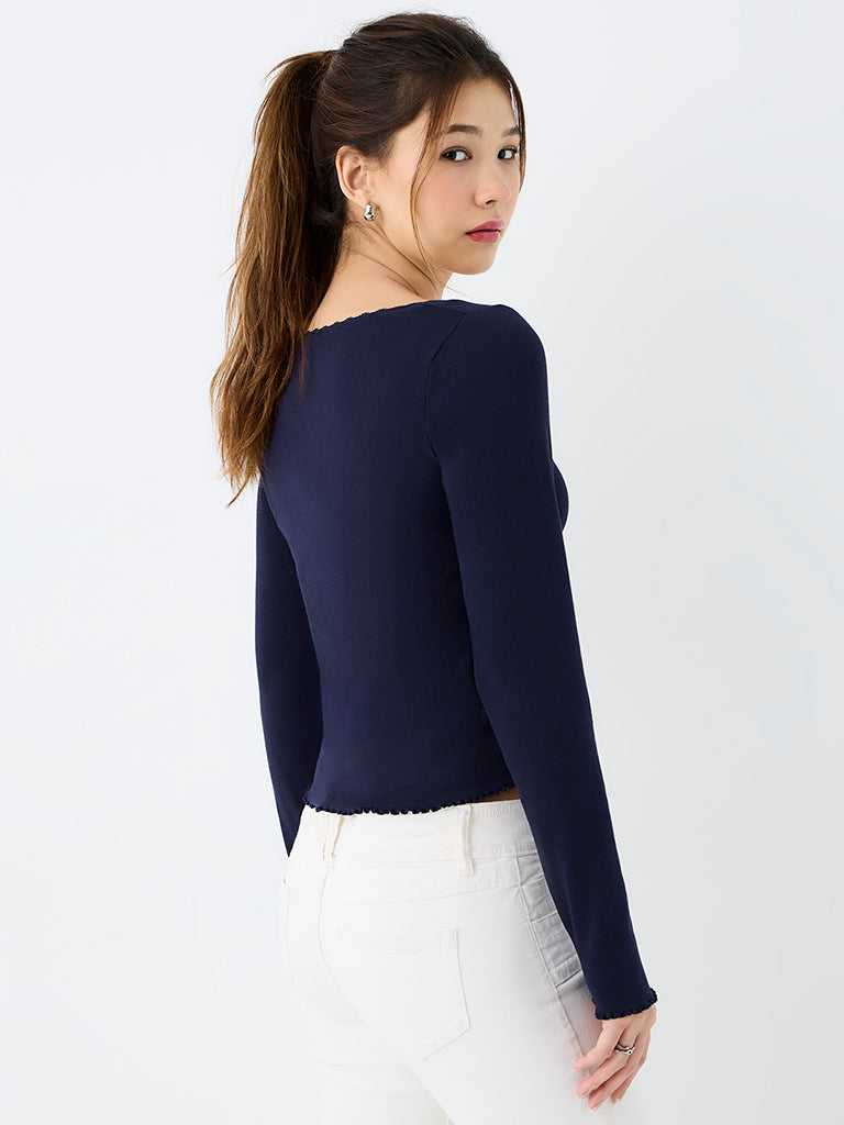 Nuon Navy Lace-Detailed Cotton Top with Cardigan