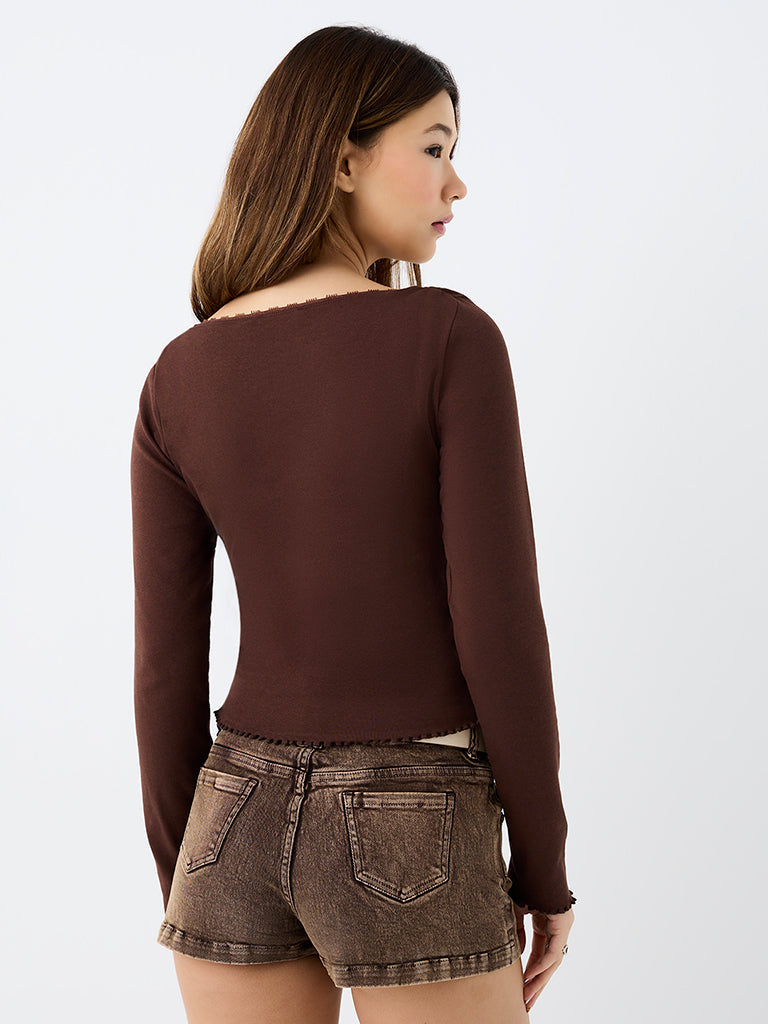 Nuon Dark Brown Lace-Detailed Cotton Top with Cardigan