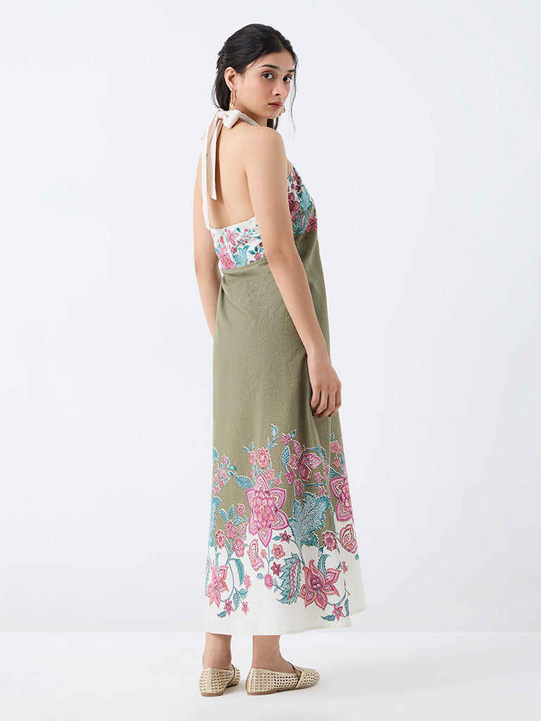 Bombay Paisley Sage Floral Printed Cotton A-Line Dress