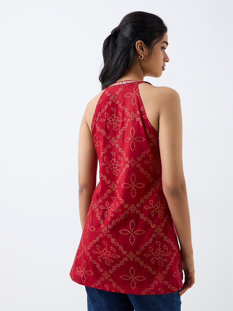 Utsa Red Bandhani Printed Halter-Neck Cotton Kurti