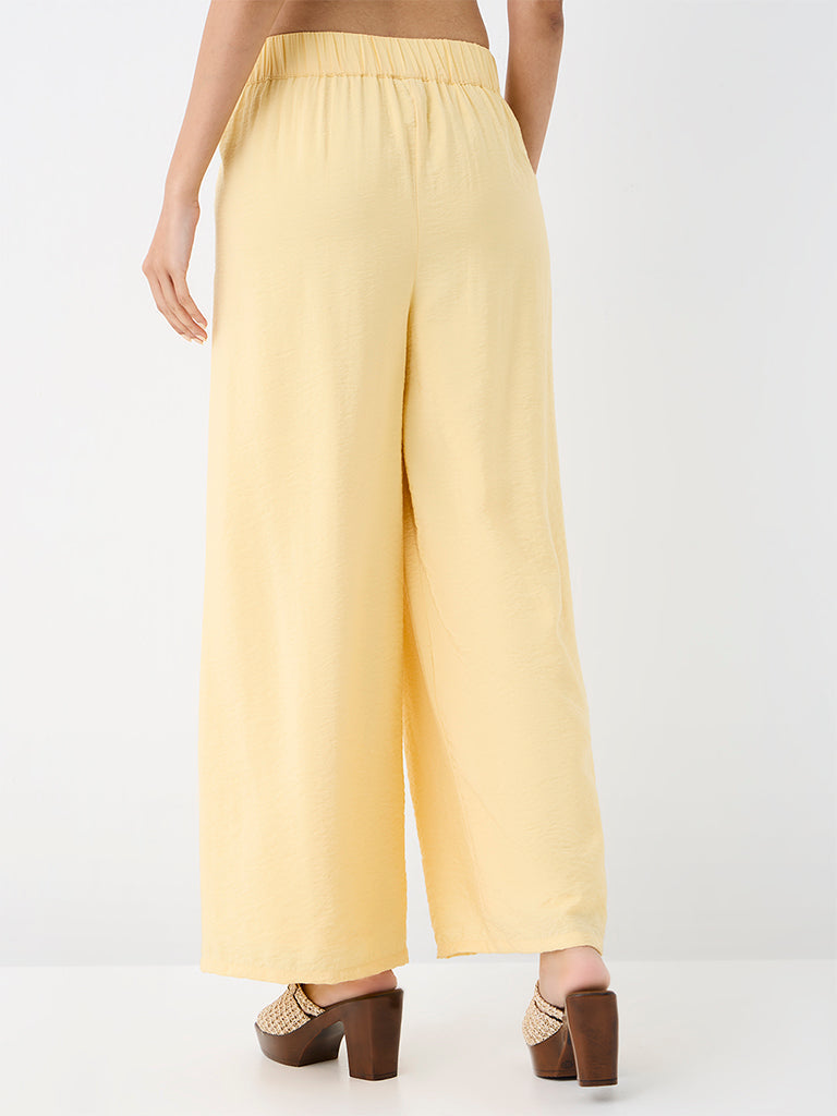 LOV Yellow Crinkle-Textured High-Rise Pants