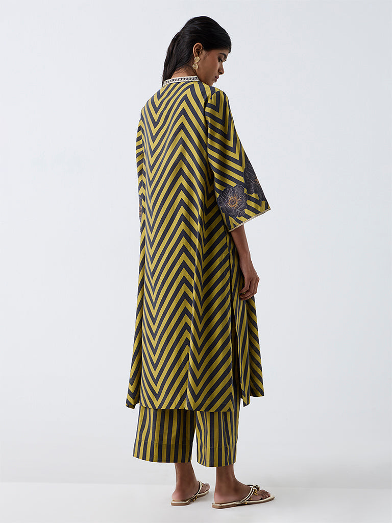 Utsa Lime and Grey Chevron Pattern A-Line Kurta