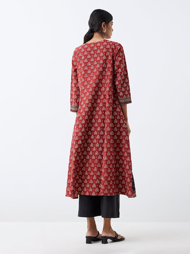 Utsa Red Botanical Printed Cotton A-Line Kurta