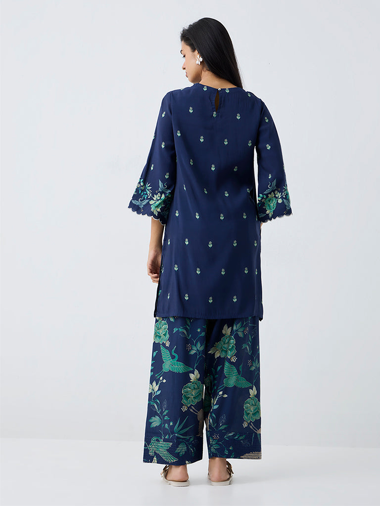 Utsa Dark Blue Floral Printed Straight Kurta