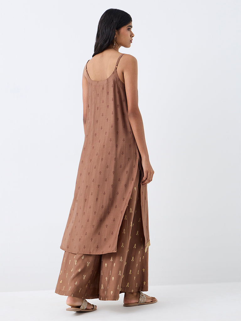 Utsa Light Brown Printed A-Line Kurta