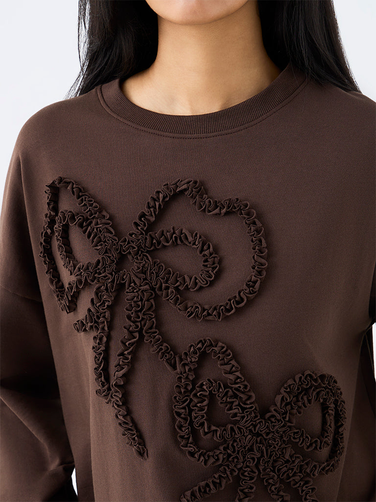 LOV Dark Brown Bow Detailed Cotton Sweatshirt