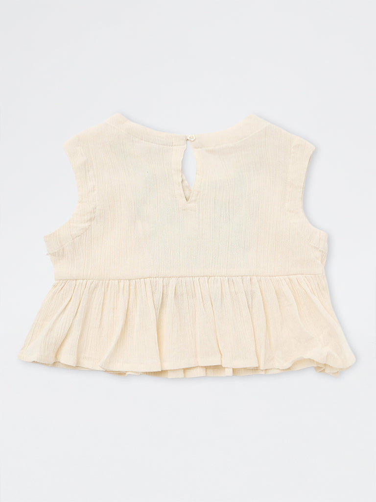 Utsa Kids Girls Off-White Embroidered Cotton Top - (8-14 yrs)