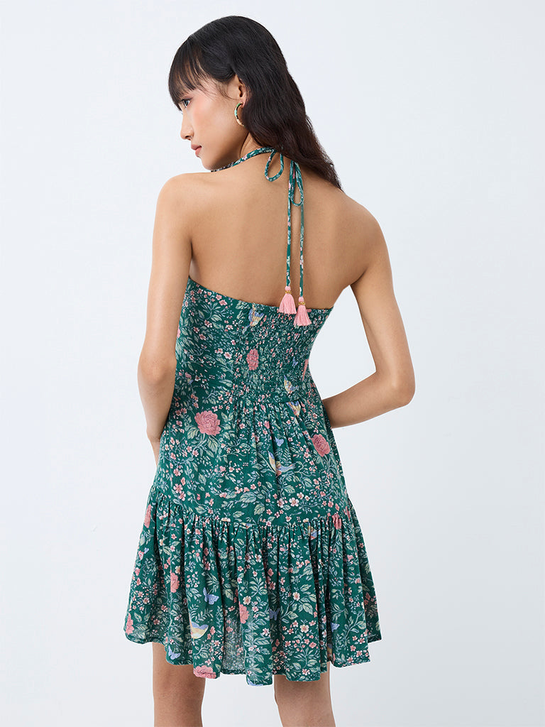 Bombay Paisley Teal Floral Printed Cotton-Blend A-Line Mini Dress