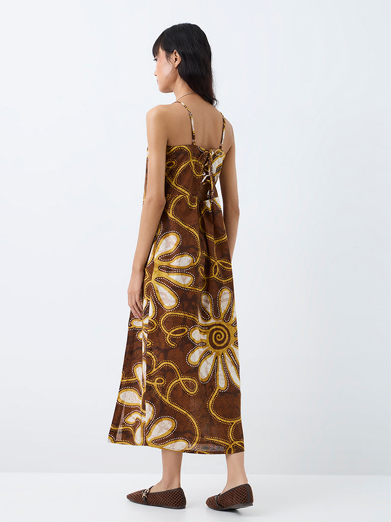 Bombay Paisley Brown Floral Printed Cotton Midi Straight Dress