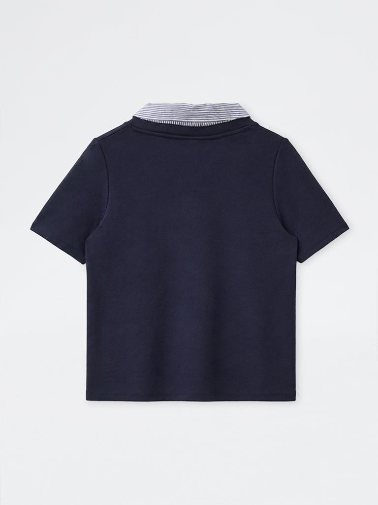 Gia Navy Solid Collar-Detail T-Shirt