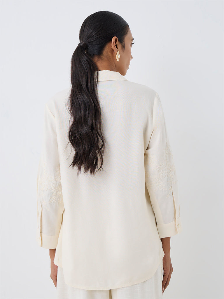 Zuba Off-White Floral Embroidered Linen-Blend Tunic