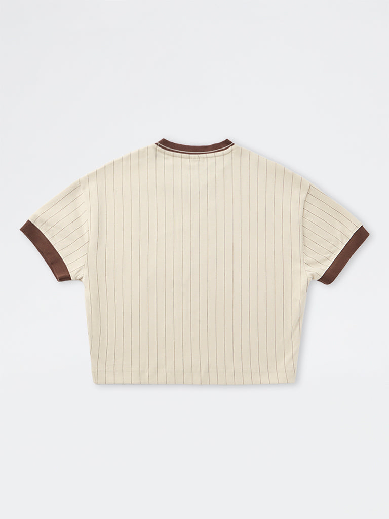Boys Light Beige Japanese Printed Cotton-Blend T-Shirt