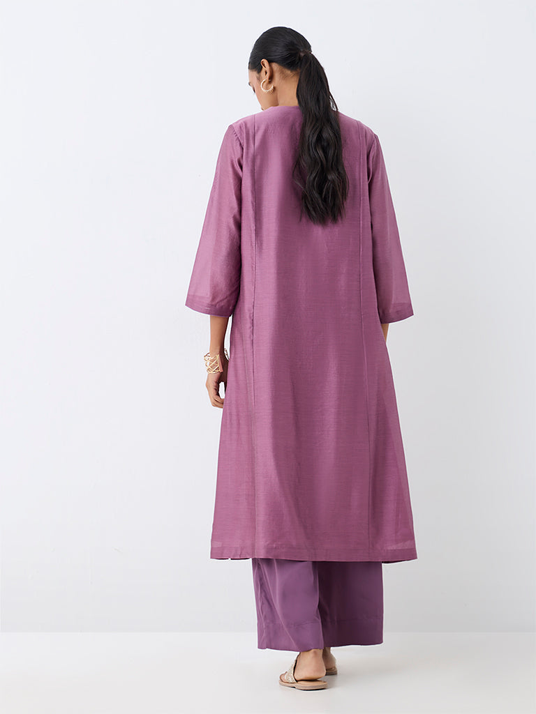 Zuba Purple Floral Embroidered Cotton-Blend A-Line Kurta