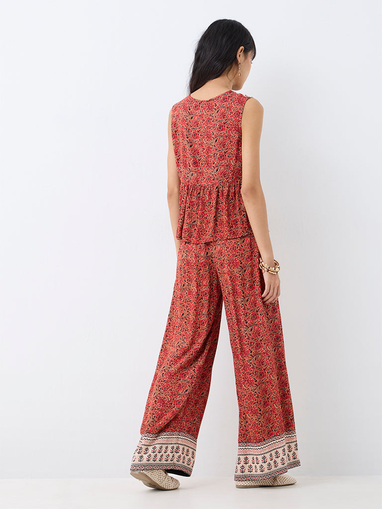 Bombay Paisley Red Floral Pattern High-Rise Pants