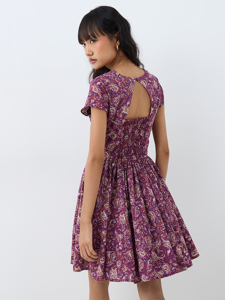 Bombay Paisley Purple Paisley Printed Cotton Fit-and-Flare Dress