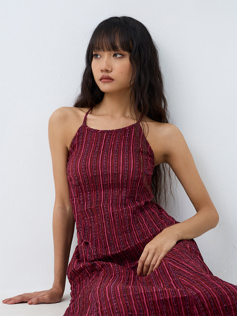 Bombay Paisley Wine Striped Cotton-Blend A-Line Dress