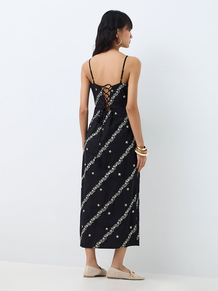 Bombay Paisley Black Floral Embroidered Cotton Straight Dress