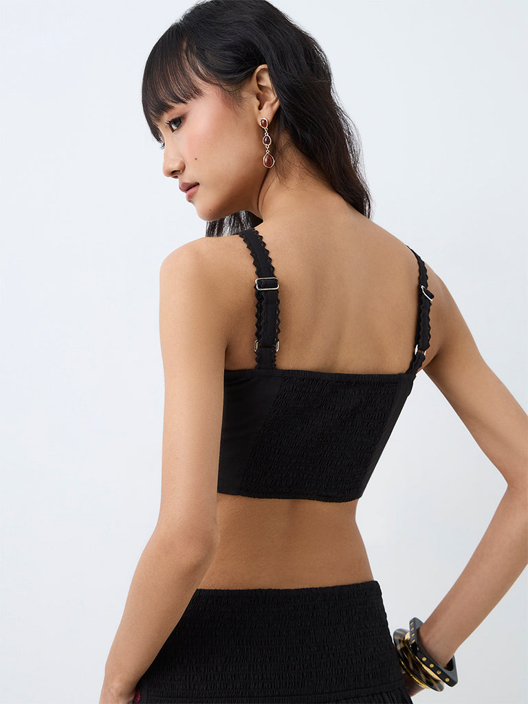 Bombay Paisley Black Floral Embroidered Cotton-Blend Crop Top