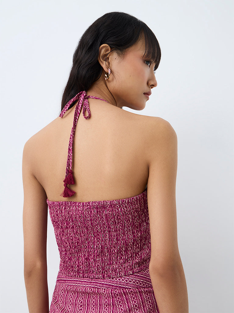 Bombay Paisley Magenta Striped Halter-Neck Cotton Top
