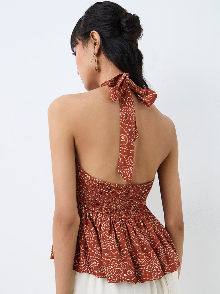 Bombay Paisley Rust Floral Printed Peplum Cotton Top